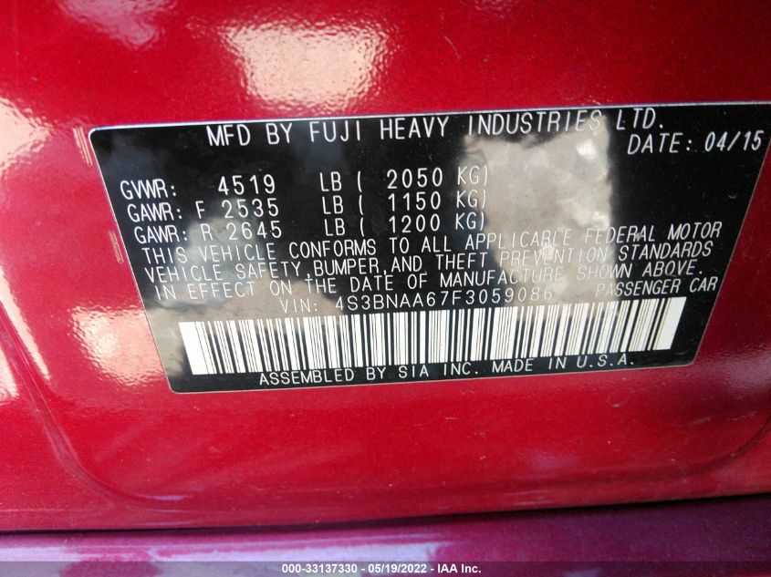 2015 SUBARU LEGACY 2.5I 4S3BNAA67F3059086