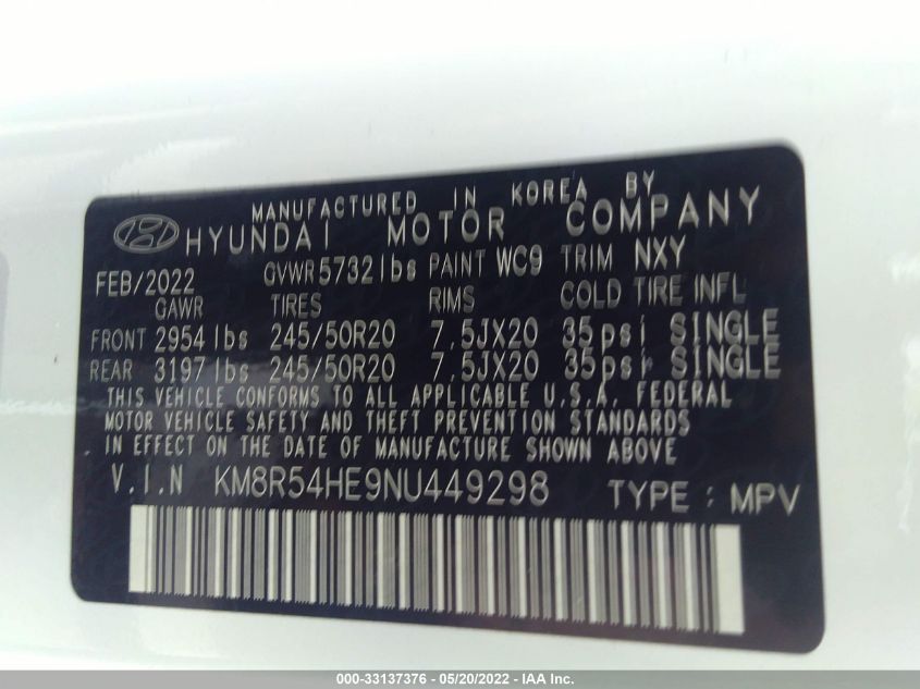 2022 HYUNDAI PALISADE LIMITED KM8R54HE9NU449298