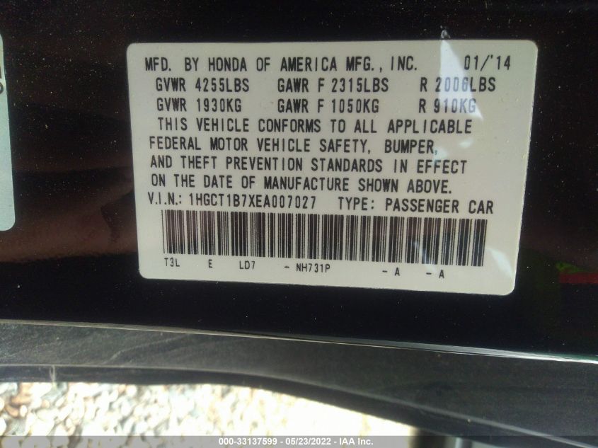 2014 HONDA ACCORD COUPE EX 1HGCT1B7XEA007027