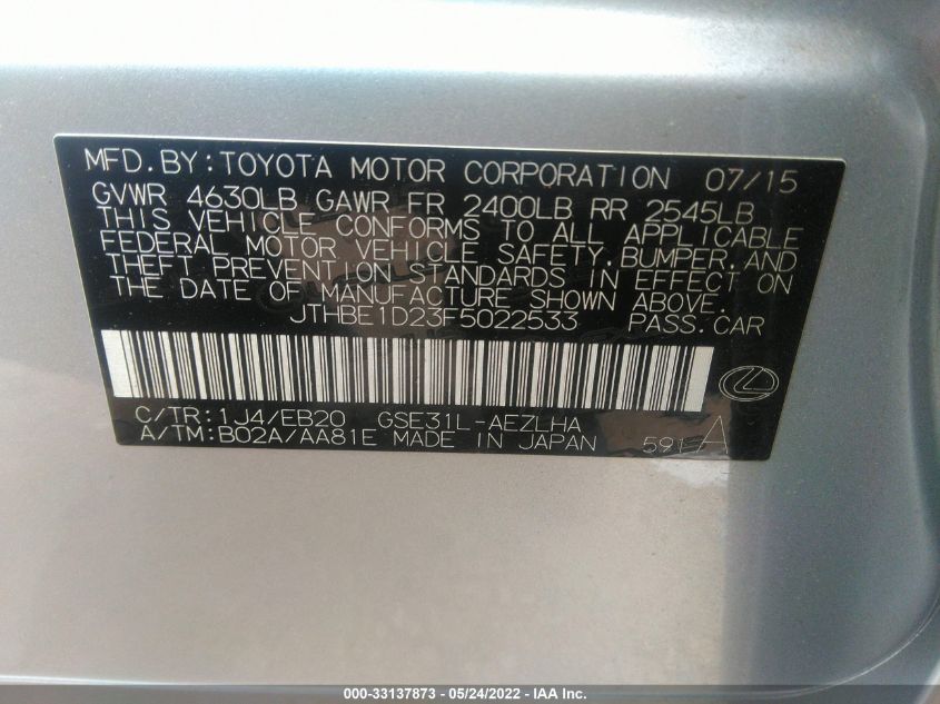 2015 LEXUS IS 350 JTHBE1D23F5022533