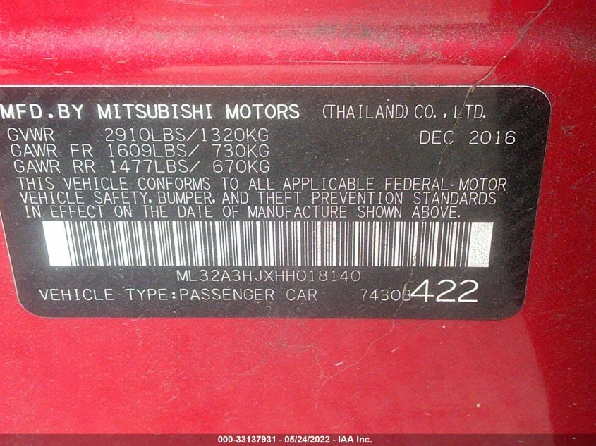 2017 MITSUBISHI MIRAGE ES ML32A3HJXHH018140