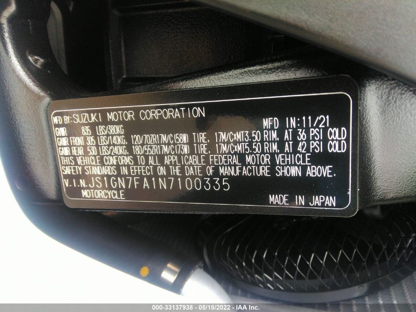 2022 SUZUKI GSX-R600 JS1GN7FA1N7100335