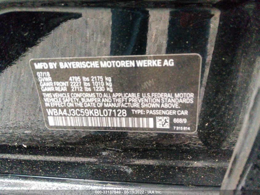 2019 BMW 4 SERIES 430I XDRIVE WBA4J3C59KBL07128