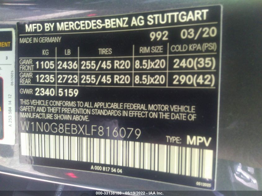 2020 MERCEDES-BENZ GLC GLC 300 W1N0G8EBXLF816079