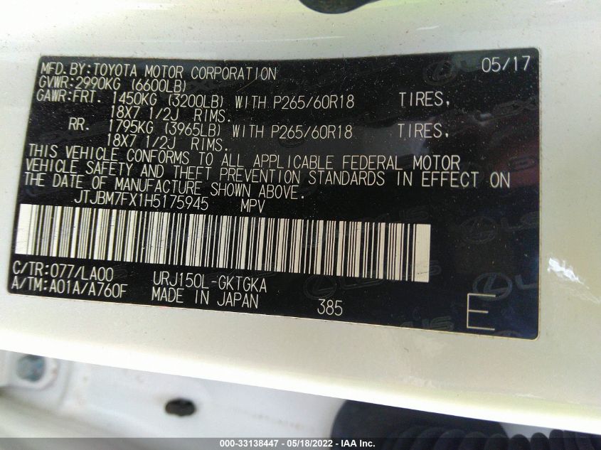 2017 LEXUS GX GX 460 JTJBM7FX1H5175945