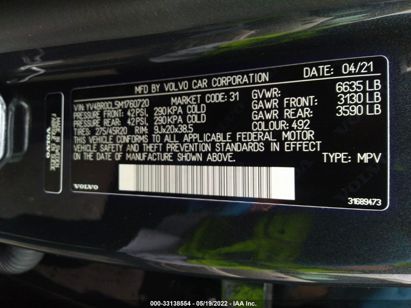 2021 VOLVO XC90 INSCRIPTION YV4BR0CL5M1760720
