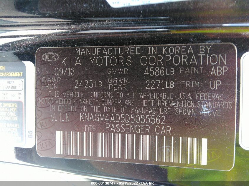 2013 KIA OPTIMA HYBRID EX KNAGM4AD5D5055562