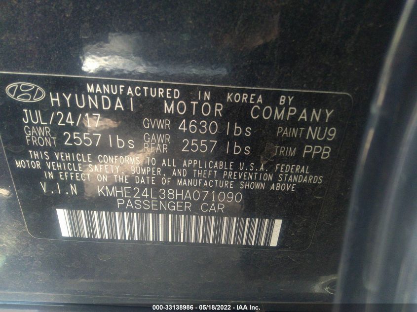 2017 HYUNDAI SONATA HYBRID SE KMHE24L38HA071090