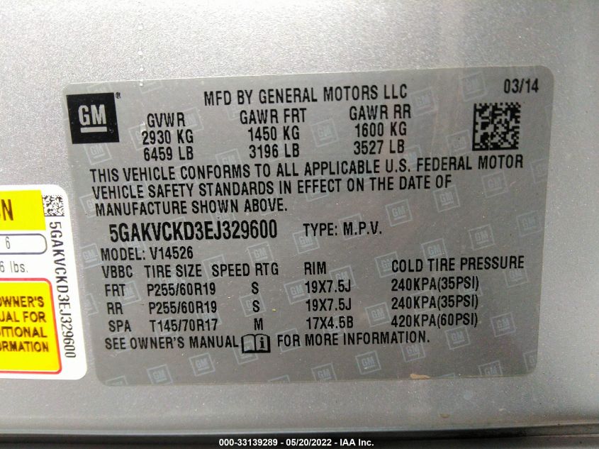 2014 BUICK ENCLAVE PREMIUM 5GAKVCKD3EJ329600