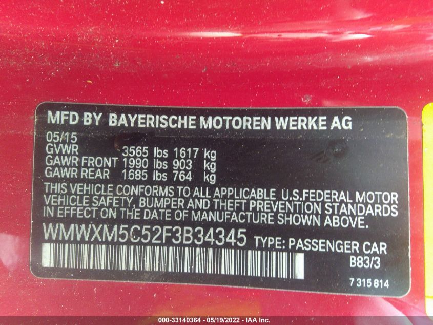 2015 MINI COOPER HARDTOP WMWXM5C52F3B34345