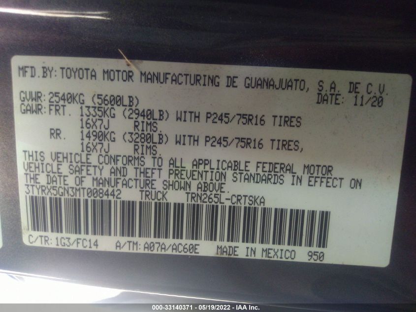 2021 TOYOTA TACOMA 2WD SR/SR5 3TYRX5GN3MT008442