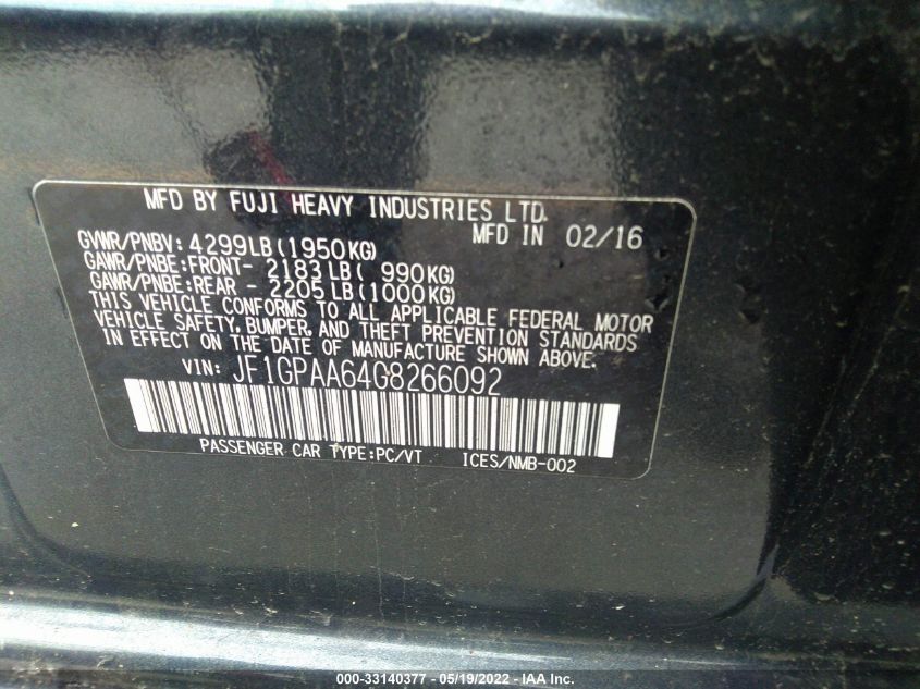 2016 SUBARU IMPREZA WAGON 2.0I JF1GPAA64G8266092