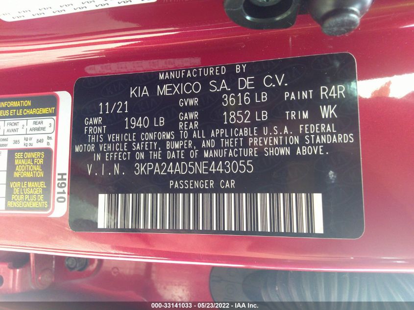 2022 KIA RIO S 3KPA24AD5NE443055