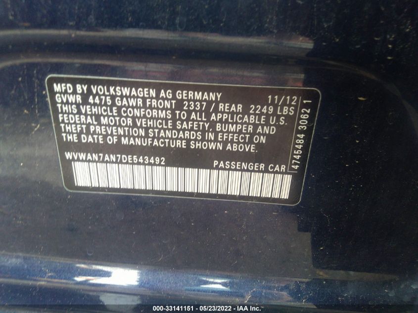 2013 VOLKSWAGEN CC R-LINE WVWAN7AN7DE543492