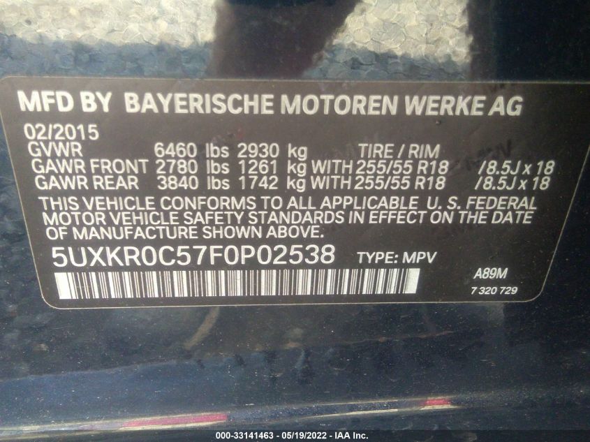 2015 BMW X5 XDRIVE35I 5UXKR0C57F0P02538