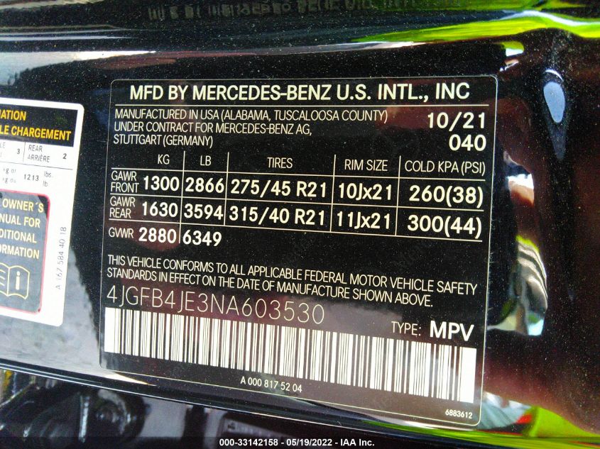 2022 MERCEDES-BENZ GLE GLE 350 4JGFB4JE3NA603530