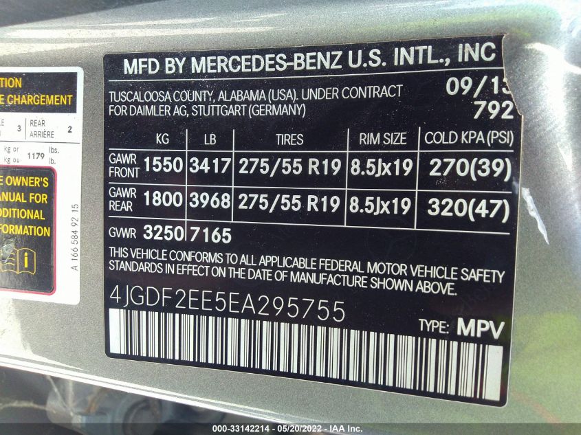 2014 MERCEDES-BENZ GL-CLASS GL 350 BLUETEC 4JGDF2EE5EA295755