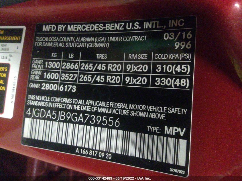 2016 MERCEDES-BENZ GLE GLE 350 4JGDA5JB9GA739556