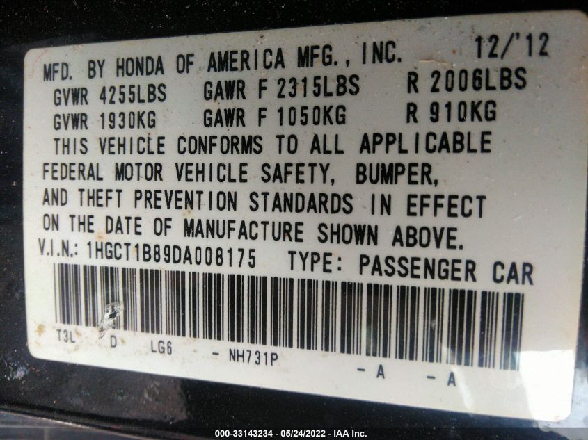 2013 HONDA ACCORD CPE EX-L 1HGCT1B89DA008175