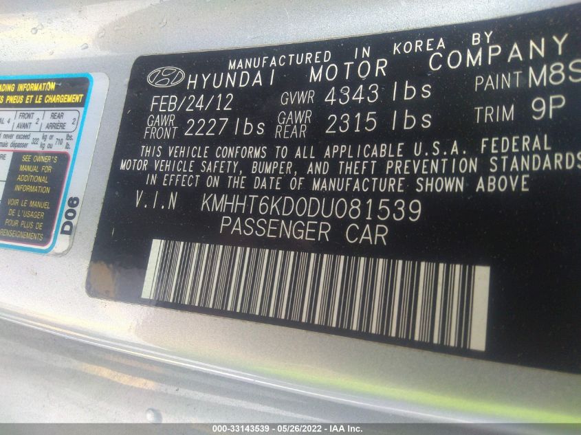 2013 HYUNDAI GENESIS COUPE 2.0T KMHHT6KD0DU081539