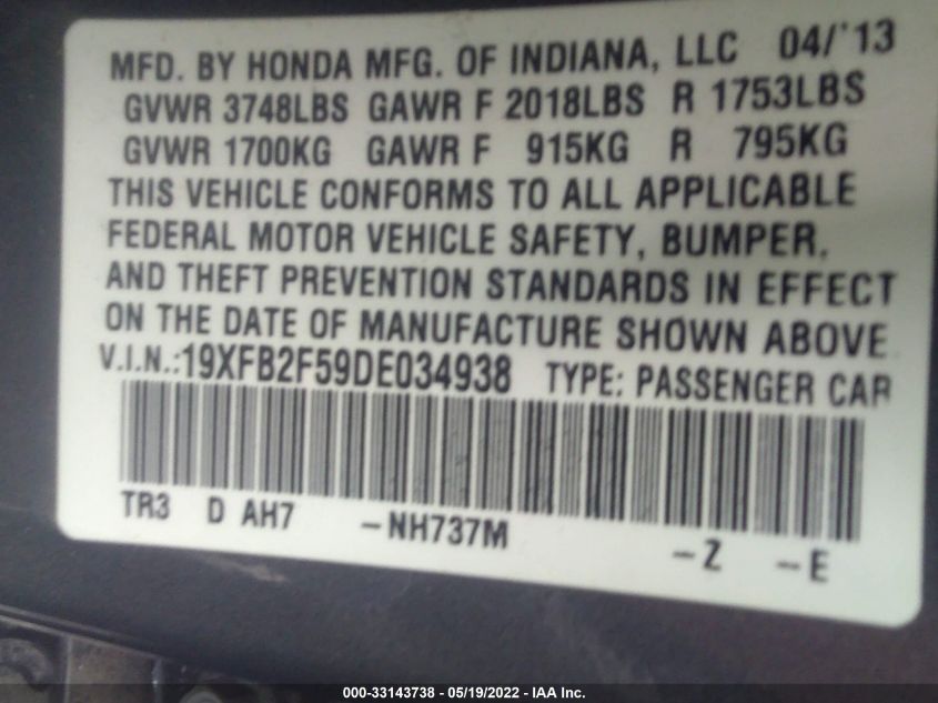 2013 HONDA CIVIC SDN LX 19XFB2F59DE034938