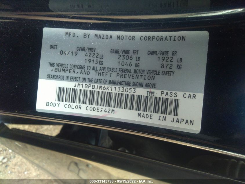 2019 MAZDA MAZDA3 HATCHBACK JM1BPBJM6K1133053