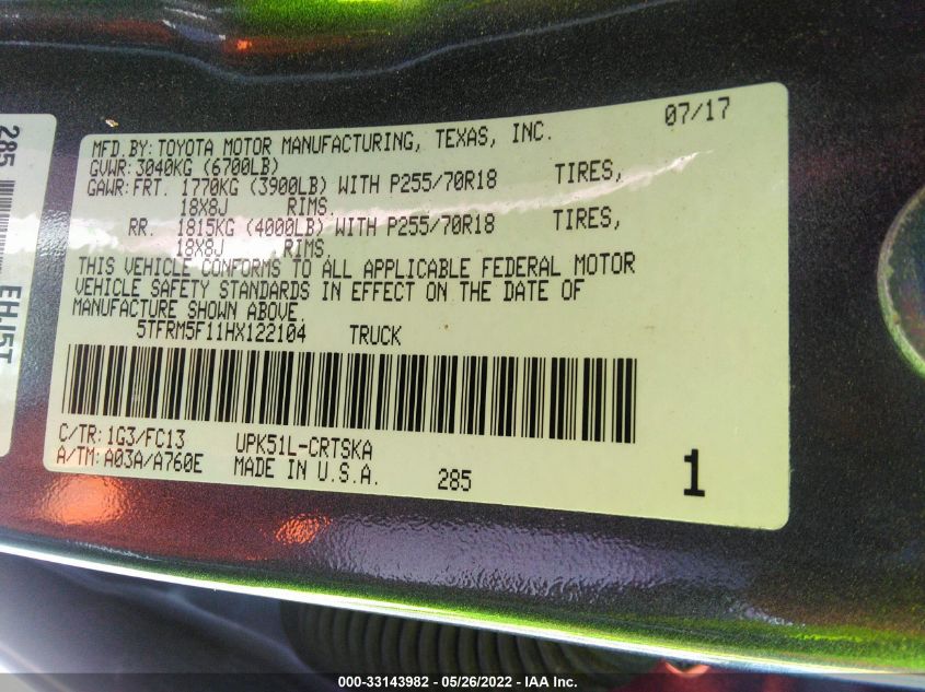 2017 TOYOTA TUNDRA 2WD SR/SR5 5TFRM5F11HX122104