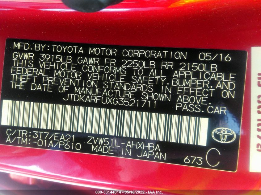 2016 TOYOTA PRIUS FOUR JTDKARFUXG3521711