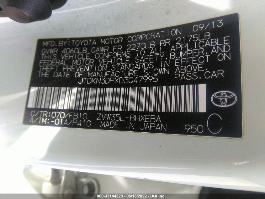 2013 TOYOTA PRIUS PLUG-IN JTDKN3DPXD3047995