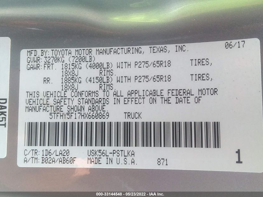 2017 TOYOTA TUNDRA 4WD LIMITED 5TFHY5F17HX660869