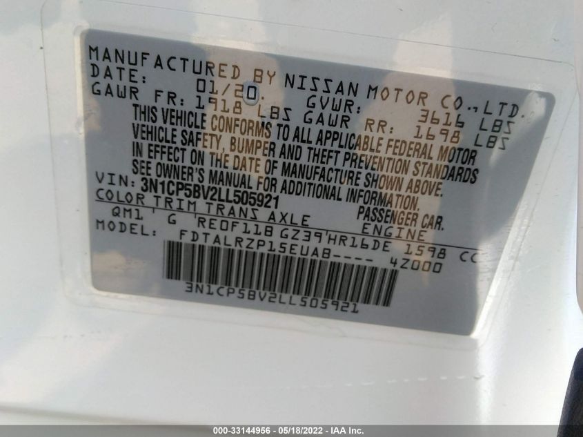 2020 NISSAN KICKS S 3N1CP5BV2LL505921