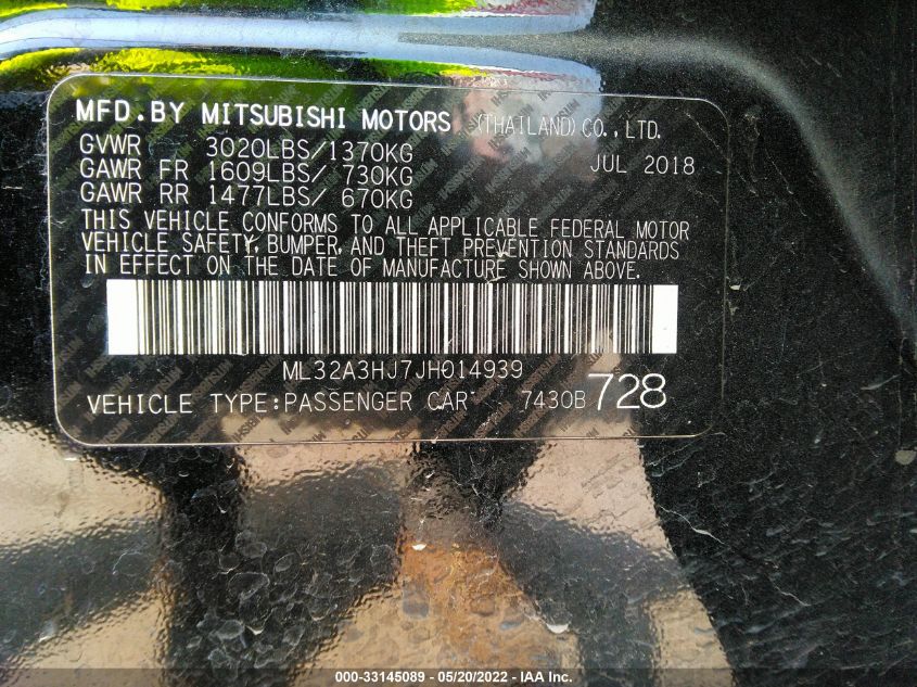 2018 MITSUBISHI MIRAGE ES ML32A3HJ7JH014939