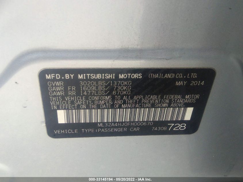 2015 MITSUBISHI MIRAGE ES/RF ML32A4HJ0FH000670