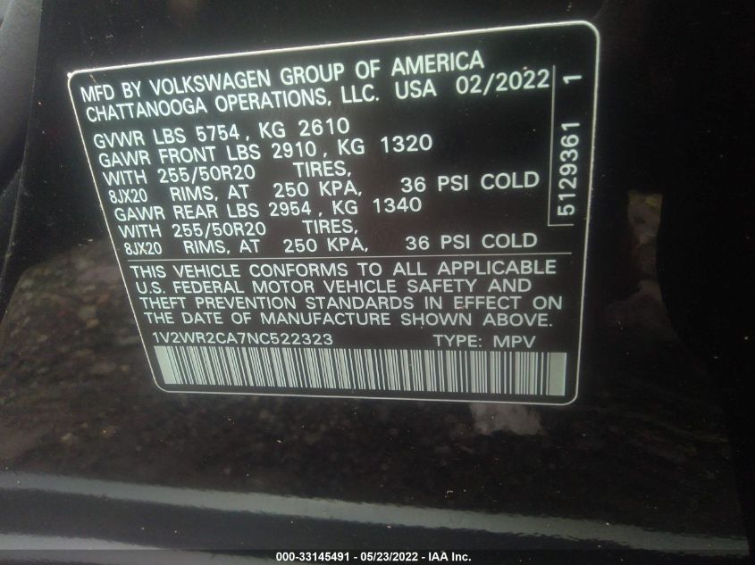 2022 VOLKSWAGEN ATLAS 3.6L V6 SE W/TECHNOLOGY 1V2WR2CA7NC522323