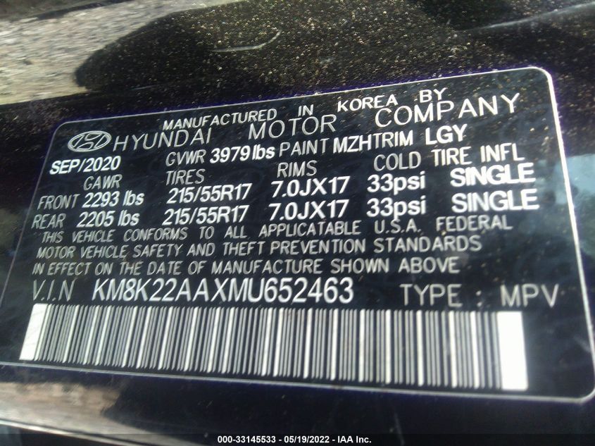 2021 HYUNDAI KONA SEL KM8K22AAXMU652463