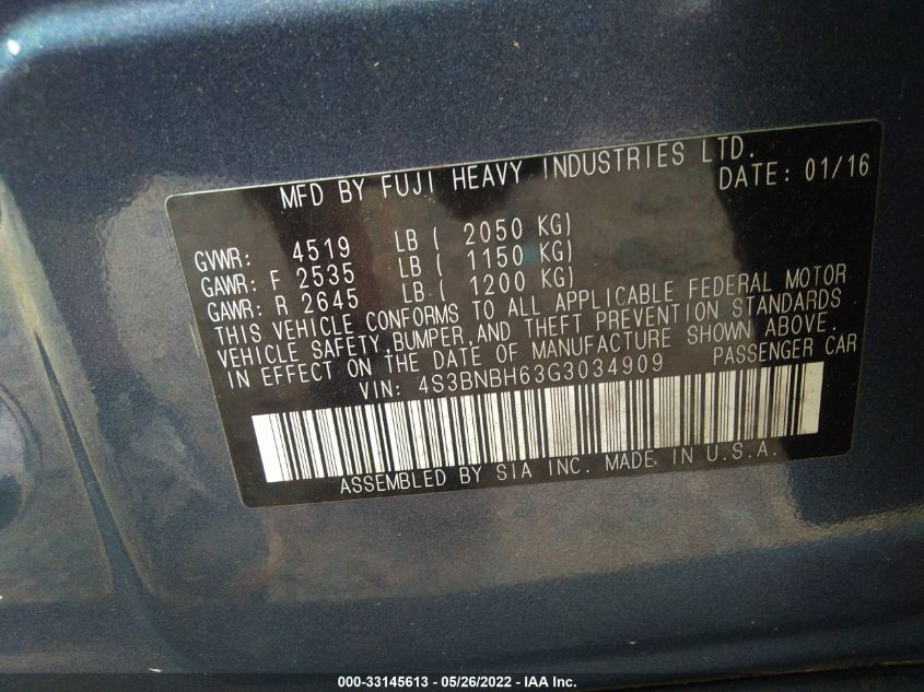 2016 SUBARU LEGACY 2.5I PREMIUM 4S3BNBH63G3034909