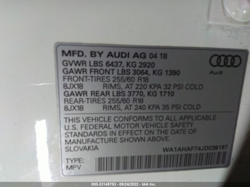 2018 AUDI Q7 PREMIUM WA1AHAF74JD039167