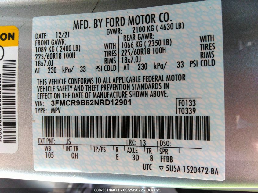 2022 FORD BRONCO SPORT BIG BEND 3FMCR9B62NRD12901