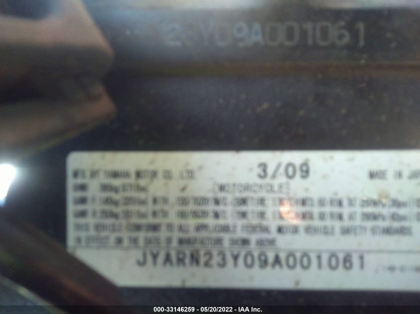 2009 YAMAHA YZFR1 JYARN23Y09A001061