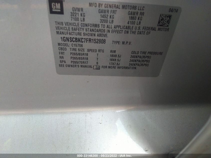 2015 CHEVROLET TAHOE LT 1GNSCBKC7FR152808