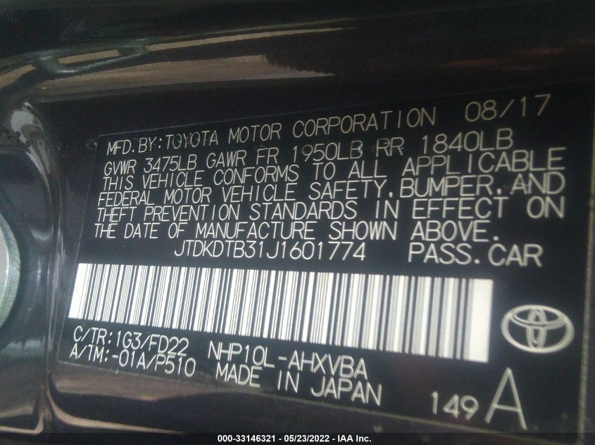 2018 TOYOTA PRIUS C ONE/TWO/THREE/FOUR JTDKDTB31J1601774