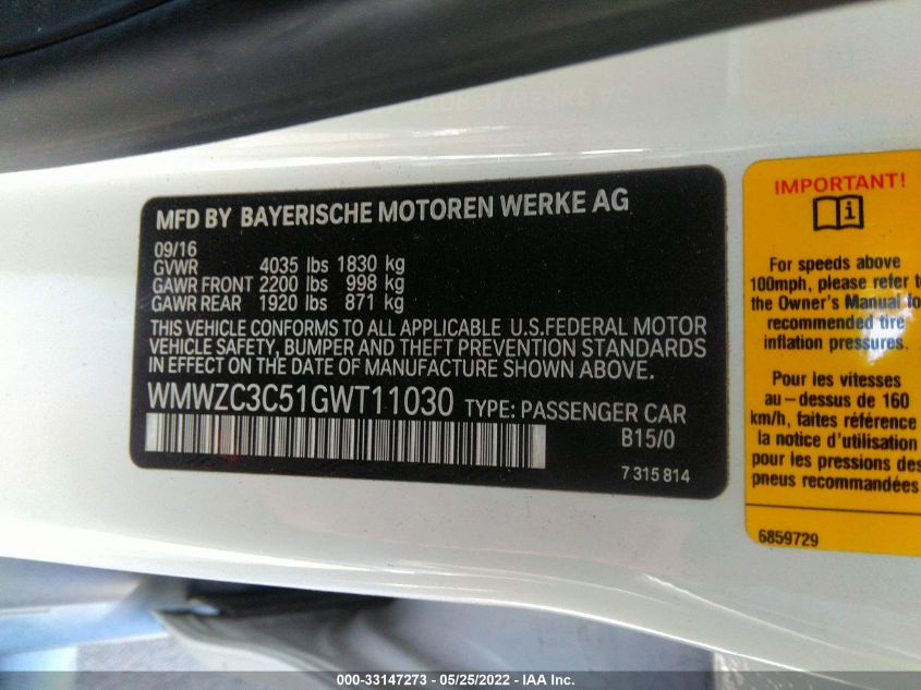 2016 MINI COOPER COUNTRYMAN S WMWZC3C51GWT11030