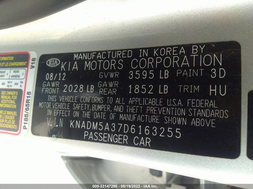 2013 KIA RIO LX KNADM5A37D6163255