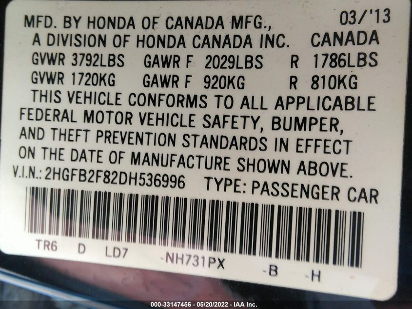 2013 HONDA CIVIC SDN EX 2HGFB2F82DH536996