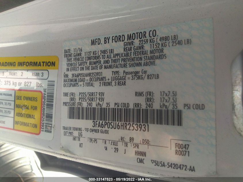 2017 FORD FUSION ENERGI TITANIUM PHEV 3FA6P0SU6HR253931