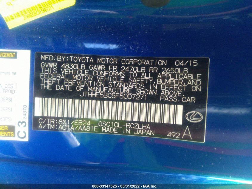 2015 LEXUS RC 350 JTHHE5BC5F5007271