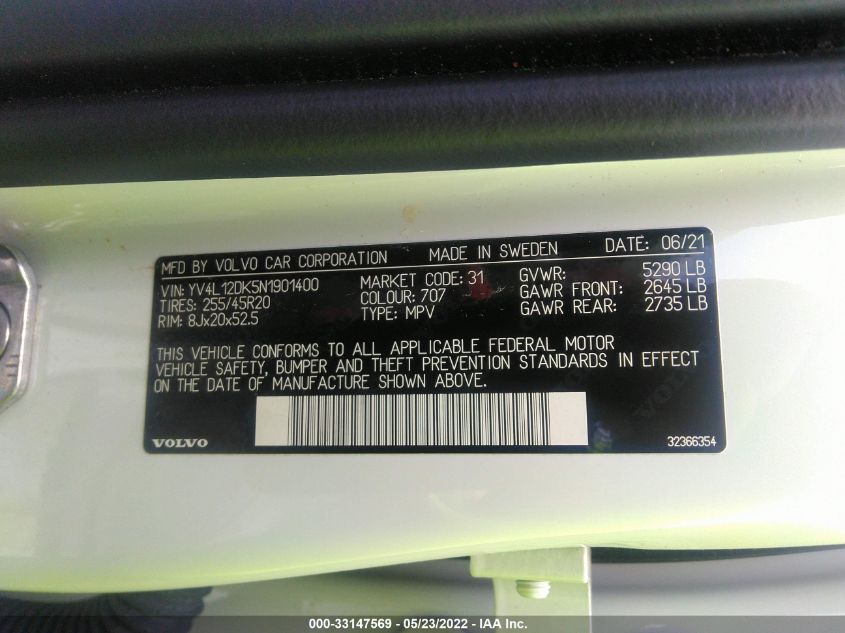 2022 VOLVO XC60 MOMENTUM YV4L12DK5N1901400
