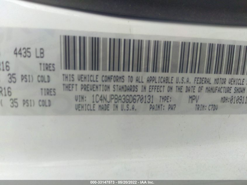 2016 JEEP PATRIOT SPORT 1C4NJPBA3GD670131