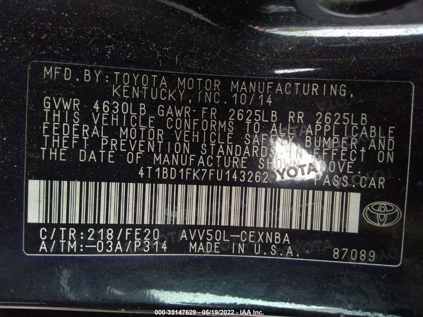 2015 TOYOTA CAMRY HYBRID LE/XLE/SE 4T1BD1FK7FU143262