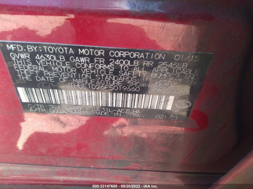 2015 LEXUS IS 350 JTHBE1D26F5019660